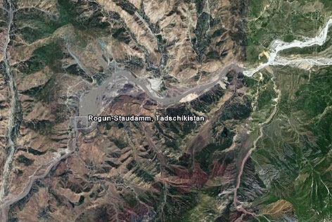 Satellitenaufnahme vom Rogun-Staudamm in Tadschikistan