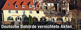 Luftbild des durch eine Explosion zerstörten Hauses in Zwickau
