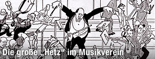 Eine Karikatur zeigt Arnold Schönberg als Dirigenten und Aufruhr unter Musikern und Zuschauern