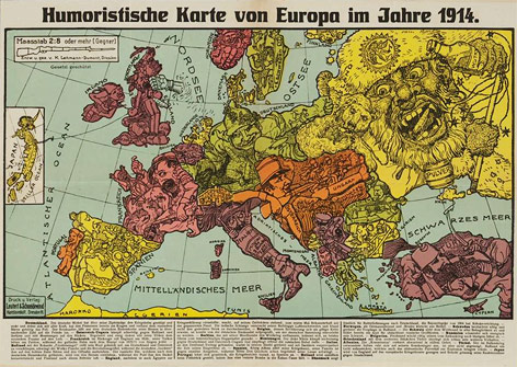 Karikaturistische Weltkarte aus dem Jahr 1914