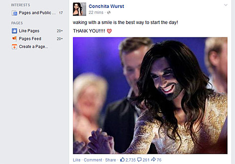 Screenshot von Conchitas Facebook-Auftritt mit Foto von Conchita Wurst