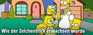 Lisa , Marge , Maggie, Homer und Bart Simpson vor ihrem Haus