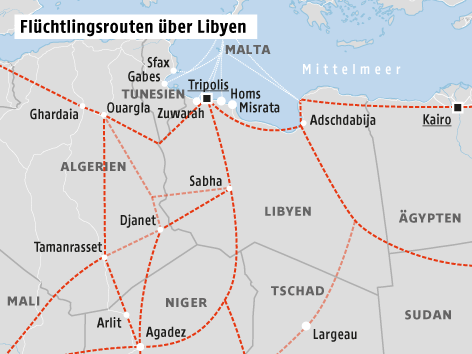 Karte zu Flüchtlingsrouten über Libyen