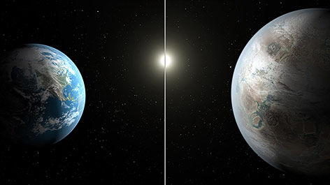 Rendering zeigt die Erde und den Planeten Kepler-452b