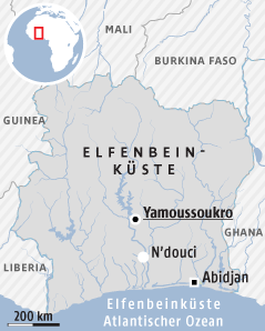 Karte zeigt die Elfenbeinküste und Nachbarländer