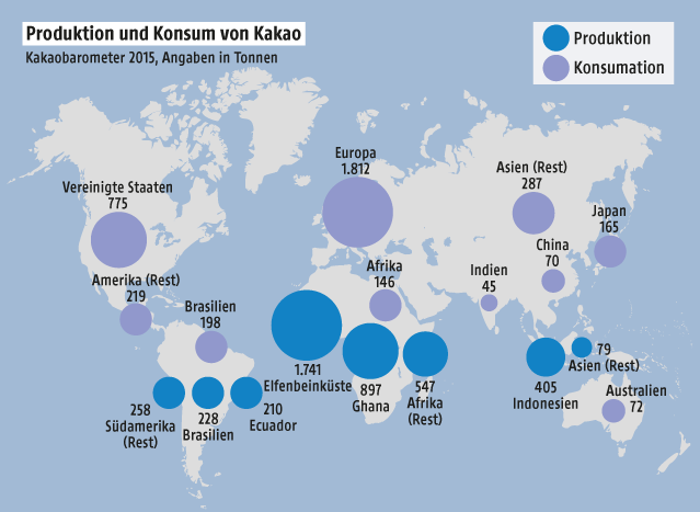 Weltkarte zeigt die Orte der Produktion und Konsumation von Kakao 2015