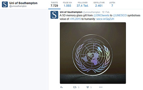 Screenshot der Twitterseite der Universität von Southampton zeigt Datenspeicher aus Glas