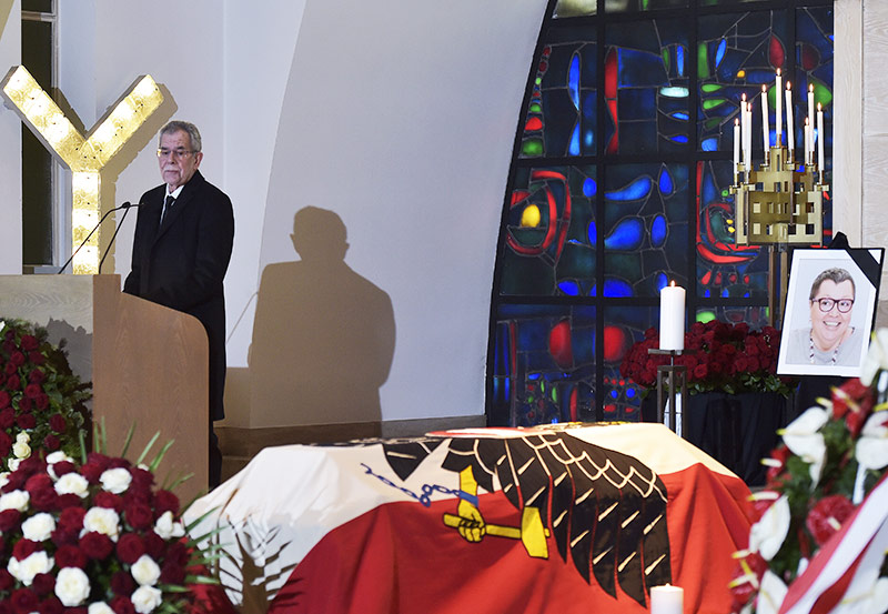 Bundespräsident Alexander van der Bellen während der Trauerfeier für die an Krebs verstorbene Gesundheitsministerin Sabine Oberhauser 